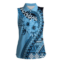 Bula Fiji Women Sleeveless Polo Shirt Turquoise Kaivity Masi Tapa