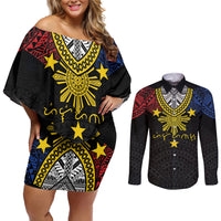 Philippines Heritage Baybayin Mix Polynesian Couples Matching Off Shoulder Short Dress and Long Sleeve Button Shirt