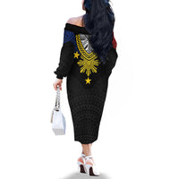Philippines Heritage Baybayin Mix Polynesian Family Matching Off The Shoulder Long Sleeve Dress and Hawaiian Shirt