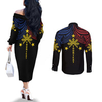 Philippines Heritage Personalized Couples Matching Off The Shoulder Long Sleeve Dress and Long Sleeve Button Shirt Baybayin Philipinas Sun LT7 - Polynesian Pride