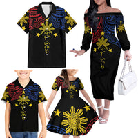Philippines Heritage Personalized Family Matching Off The Shoulder Long Sleeve Dress and Hawaiian Shirt Baybayin Philipinas Sun