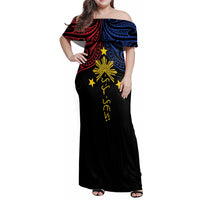 Philippines Heritage Personalized Family Matching Off Shoulder Maxi Dress and Hawaiian Shirt Baybayin Philipinas Sun LT7 Mom's Dress Black - Polynesian Pride
