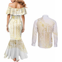 Samoa Lotu Tamaiti Mamanu Siapo Couples Matching Mermaid Dress and Long Sleeve Button Shirt Golden Plumeria - Polynesian Pride