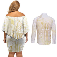 Samoa Lotu Tamaiti Mamanu Siapo Couples Matching Off Shoulder Short Dress and Long Sleeve Button Shirt Golden Plumeria - Polynesian Pride