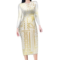 Samoa Lotu Tamaiti Mamanu Siapo Family Matching Long Sleeve Bodycon Dress and Hawaiian Shirt Golden Plumeria - Polynesian Pride