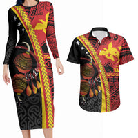 Papua New Guinea Independence Personalised Couples Matching Long Sleeve Bodycon Dress and Hawaiian Shirt PNG Bagi and Lime Pot LT7 Black - Polynesian Pride
