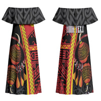 Papua New Guinea Independence Personalised Family Matching Off Shoulder Maxi Dress and Hawaiian Shirt PNG Bagi and Lime Pot LT7 Mom's Dress Black - Polynesian Pride