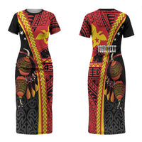 Papua New Guinea Independence Personalised Family Matching Short Sleeve Bodycon Dress and Hawaiian Shirt PNG Bagi and Lime Pot LT7 Mom's Dress Black - Polynesian Pride