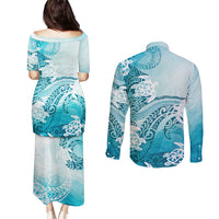 Polynesia Turtle Couples Matching Puletasi and Long Sleeve Button Shirt Watercolor Abstract Style