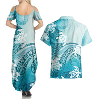 Polynesia Turtle Couples Matching Summer Maxi Dress and Hawaiian Shirt Watercolor Abstract Style