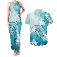 Polynesia Turtle Couples Matching Tank Maxi Dress and Hawaiian Shirt Watercolor Abstract Style