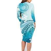 Polynesia Turtle Family Matching Long Sleeve Bodycon Dress and Hawaiian Shirt Watercolor Abstract Style