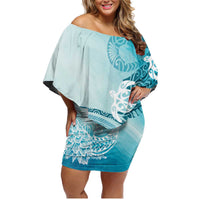 Polynesia Turtle Family Matching Off Shoulder Short Dress and Hawaiian Shirt Watercolor Abstract Style LT7 Mom's Dress Blue - Polynesian Pride