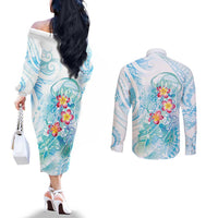 Sea Blue Polynesian Jellyfish Couples Matching Off The Shoulder Long Sleeve Dress and Long Sleeve Button Shirt Watercolor Glows LT7 - Polynesian Pride