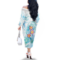 Sea Blue Polynesian Jellyfish Family Matching Off The Shoulder Long Sleeve Dress and Hawaiian Shirt Watercolor Glows - Polynesian Pride