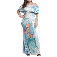 Sea Blue Polynesian Jellyfish Family Matching Off Shoulder Maxi Dress and Hawaiian Shirt Watercolor Glows - Polynesian Pride