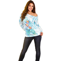Sea Blue Polynesian Jellyfish Off Shoulder Sweater Watercolor Glows - Polynesian Pride
