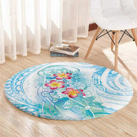 Sea Blue Polynesian Jellyfish Round Carpet Watercolor Glows - Polynesian Pride