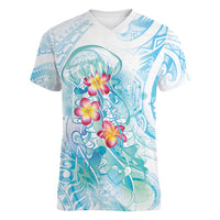 Sea Blue Polynesian Jellyfish Women V-Neck T-Shirt Watercolor Glows LT7 Female Light Blue - Polynesian Pride