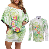 Summer Green Polynesian Jellyfish Couples Matching Off Shoulder Short Dress and Long Sleeve Button Shirt Watercolor Glows LT7 Light Green - Polynesian Pride