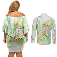 Summer Green Polynesian Jellyfish Couples Matching Off Shoulder Short Dress and Long Sleeve Button Shirt Watercolor Glows LT7 - Polynesian Pride