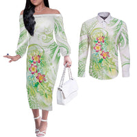 Summer Green Polynesian Jellyfish Couples Matching Off The Shoulder Long Sleeve Dress and Long Sleeve Button Shirt Watercolor Glows LT7 Light Green - Polynesian Pride