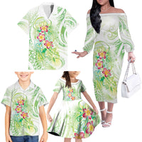 Summer Green Polynesian Jellyfish Family Matching Off The Shoulder Long Sleeve Dress and Hawaiian Shirt Watercolor Glows - Polynesian Pride