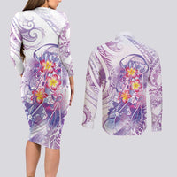 Lavender Polynesian Jellyfish Couples Matching Long Sleeve Bodycon Dress and Long Sleeve Button Shirt Watercolor Glows LT7 - Polynesian Pride