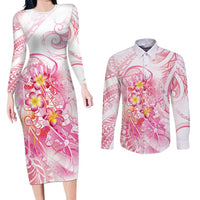 Rose Pink Polynesian Jellyfish Couples Matching Long Sleeve Bodycon Dress and Long Sleeve Button Shirt Watercolor Glows LT7 Rose Pink - Polynesian Pride