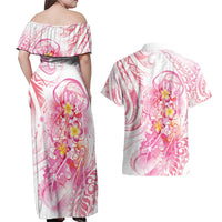Rose Pink Polynesian Jellyfish Couples Matching Off Shoulder Maxi Dress and Hawaiian Shirt Watercolor Glows - Polynesian Pride