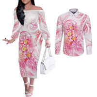 Rose Pink Polynesian Jellyfish Couples Matching Off The Shoulder Long Sleeve Dress and Long Sleeve Button Shirt Watercolor Glows LT7 Rose Pink - Polynesian Pride