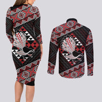 Taniko Aotearoa Couples Matching Long Sleeve Bodycon Dress and Long Sleeve Button Shirt Poutama Mix Piwakawaka