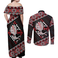 Taniko Aotearoa Couples Matching Off Shoulder Maxi Dress and Long Sleeve Button Shirt Poutama Mix Piwakawaka
