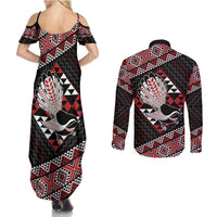 Taniko Aotearoa Couples Matching Summer Maxi Dress and Long Sleeve Button Shirt Poutama Mix Piwakawaka