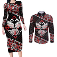 Taniko Aotearoa Couples Matching Long Sleeve Bodycon Dress and Long Sleeve Button Shirt Poutama Mix Piwakawaka - Ver02