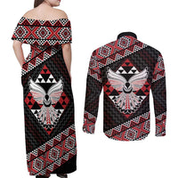 Taniko Aotearoa Couples Matching Off Shoulder Maxi Dress and Long Sleeve Button Shirt Poutama Mix Piwakawaka - Ver02