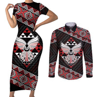 Taniko Aotearoa Couples Matching Short Sleeve Bodycon Dress and Long Sleeve Button Shirt Poutama Mix Piwakawaka - Ver02