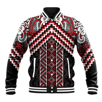 Maori Tukutuku Taniko Motifs Baseball Jacket Red Poutama Mix Kowhaiwhai
