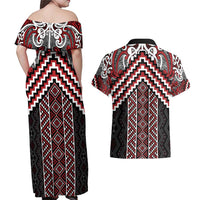 Maori Tukutuku Taniko Motifs Couples Matching Off Shoulder Maxi Dress and Hawaiian Shirt Red Poutama Mix Kowhaiwhai LT7 - Polynesian Pride