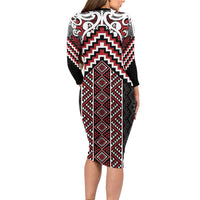 Maori Tukutuku Taniko Motifs Family Matching Long Sleeve Bodycon Dress and Hawaiian Shirt Red Poutama Mix Kowhaiwhai LT7 - Polynesian Pride