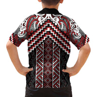 Maori Tukutuku Taniko Motifs Family Matching Off The Shoulder Long Sleeve Dress and Hawaiian Shirt Red Poutama Mix Kowhaiwhai
