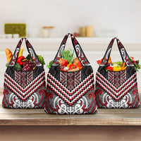 Maori Tukutuku Taniko Motifs Grocery Bag Red Poutama Mix Kowhaiwhai