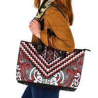 Maori Tukutuku Taniko Motifs Leather Tote Bag Red Poutama Mix Kowhaiwhai LT7 Red - Polynesian Pride