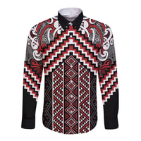 Maori Tukutuku Taniko Motifs Long Sleeve Button Shirt Red Poutama Mix Kowhaiwhai LT7 Unisex Red - Polynesian Pride