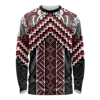 Maori Tukutuku Taniko Motifs Long Sleeve Shirt Red Poutama Mix Kowhaiwhai