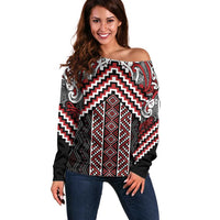 Maori Tukutuku Taniko Motifs Off Shoulder Sweater Red Poutama Mix Kowhaiwhai LT7 Women Red - Polynesian Pride