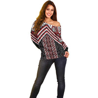 Maori Tukutuku Taniko Motifs Off Shoulder Sweater Red Poutama Mix Kowhaiwhai LT7 - Polynesian Pride
