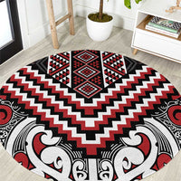 Maori Tukutuku Taniko Motifs Round Carpet Red Poutama Mix Kowhaiwhai