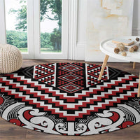 Maori Tukutuku Taniko Motifs Round Carpet Red Poutama Mix Kowhaiwhai
