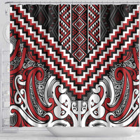Maori Tukutuku Taniko Motifs Shower Curtain Red Poutama Mix Kowhaiwhai